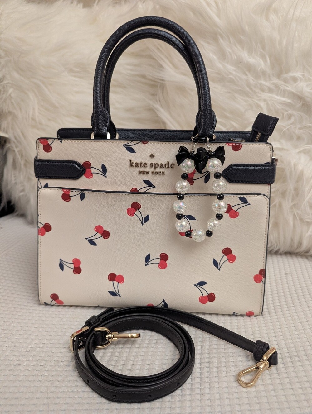 kate spade Cherry-Print Top Handle Satchel in Cream & Dark Blue